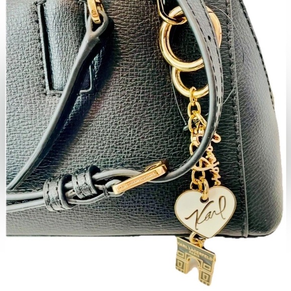 NWT Women KARL LAGERFELD Long Black Genuine Leather Satchel East West Bag Charms - Picture 3 of 15